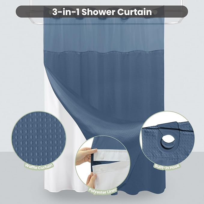 Inhousolu Extra Long No Hook Shower Curtain with Snap in Fabric Liner Set Waffle Weave 230GSM Weighted Hem, Waterproof & Washable Bathroom Curtain Spa with Mesh Top Window 72" W*84" L Moonlight Blue