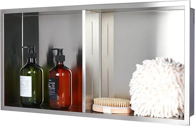 Stainless Steel no Tile Needed Metal Niche,Double Shelves，Stainless Steel Finished Shower Insert Wall Niche(Brush, 24 * 12 in)