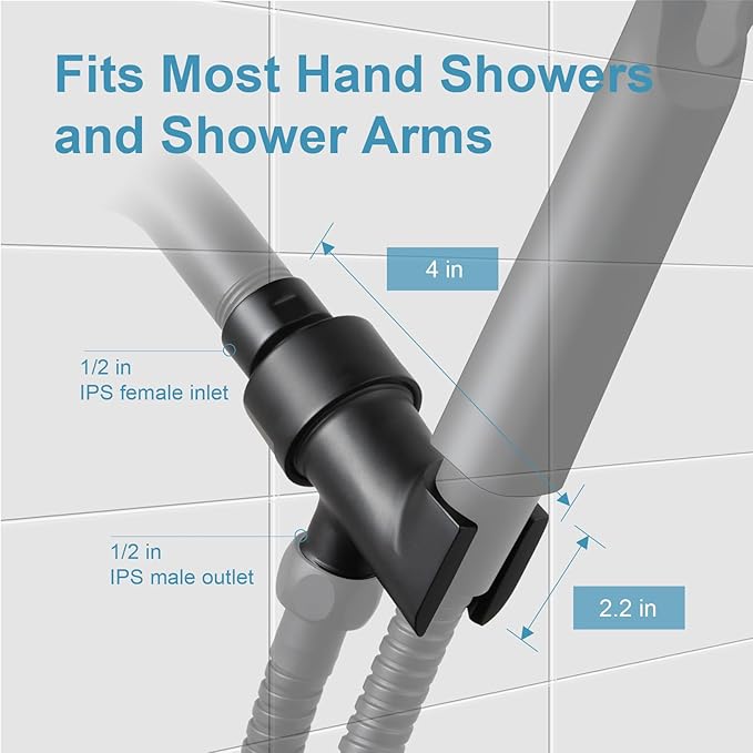 OFFO Shower Head Holder All Metal for Handheld Shower Head, Adjustable Shower Arm Mount with Solid Brass Pivot Ball, 1/2 in IPS Female Inlet and Male Outlet, Matte Black