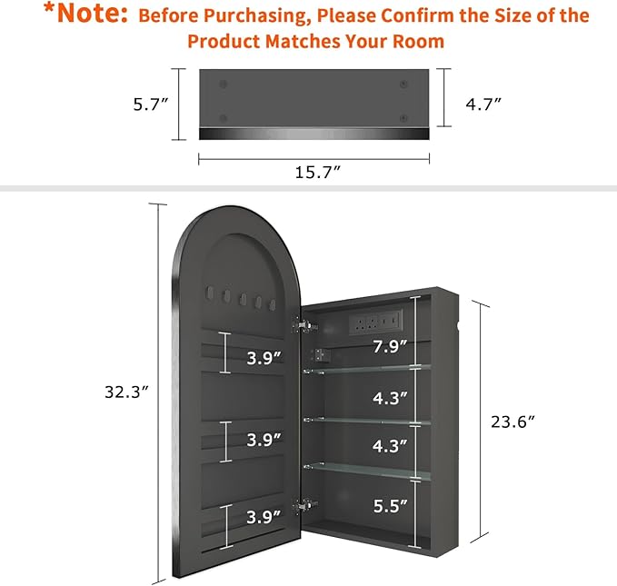 FKWin Black Mirror with Medicine Cabinet and Power Outlet, Easy to Install Bathroom Wall Cabinet for Left or Right Opening, not Recessed, Ample Mirror for Bathroom for Homeowner, Black, 20x34 inch