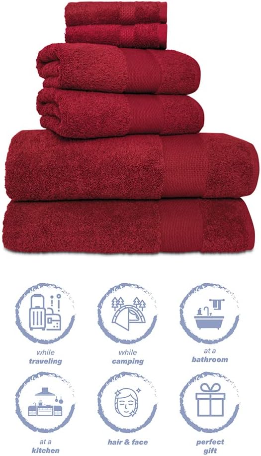 Hencely 6-Piece Bath Towel Set - High Absorbency, Quick Drying - 100% Soft Turkish Cotton - 2 Bath Towels, 2 Hand Towels, 2 Washcloths - for Bathroom, Home, Hotel, Spa, and Gym - 6-Pack Red