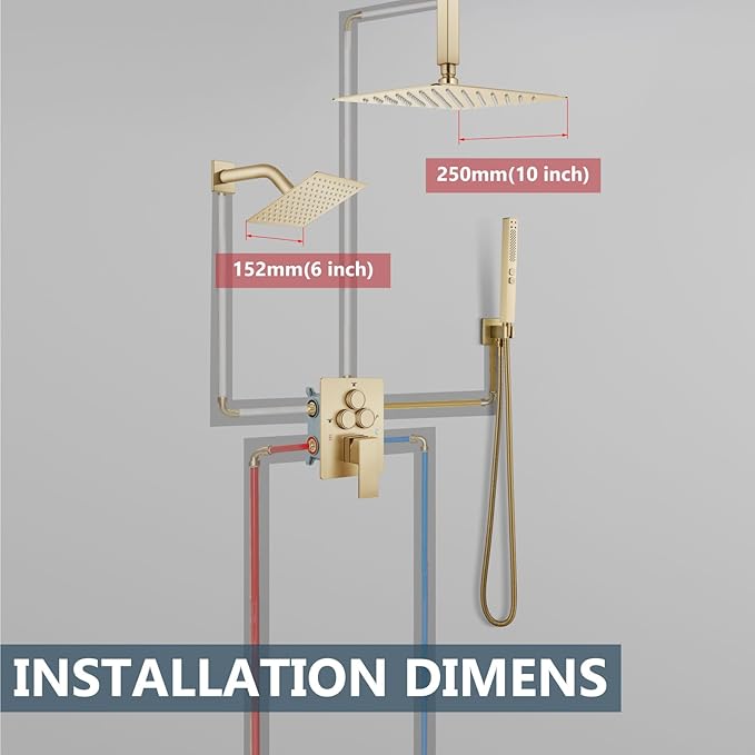 Aolemi Shower Faucet Set Ceiling Mount Shower System Rough-in Valve and Shower Trim Kit 10 and 6 Inch Dual Shower Head 2 in 1 Handheld Spray Push Button Diverter Brushed Gold