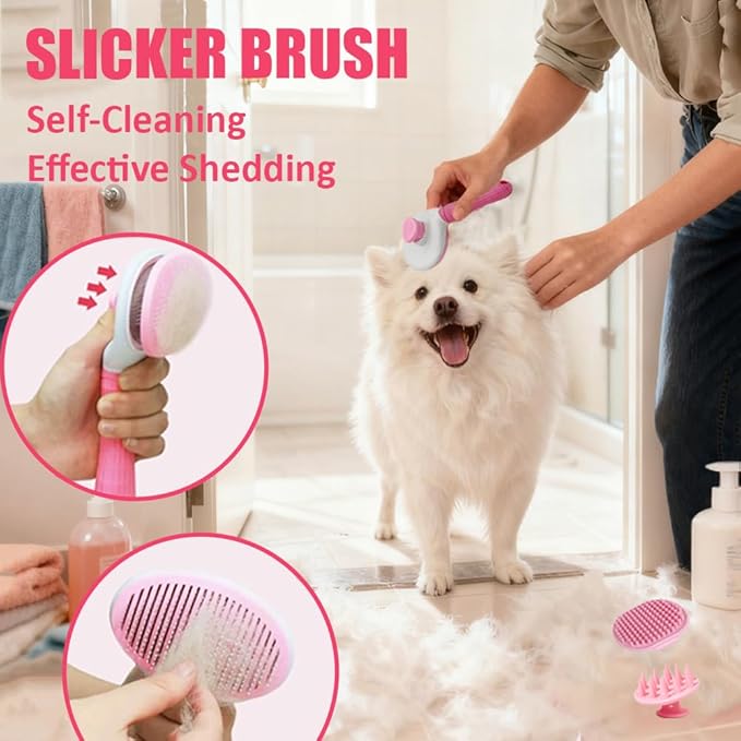 Dog Bath Brush Bathing Kit 5PCS - Pet Washing Brush, Dog Brush for Shorted Haired Dogs, Dog Scrubber for Bath, Scalp Scrubber Hair Bath Brush Set Pink