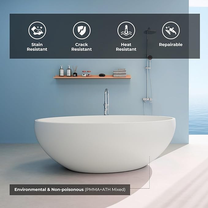Upgraded 67" Stone Resin Freestanding Bathtub, Oval Solid Surface Extra Wide Tub with Overflow and Pop-up Drain, Matte White