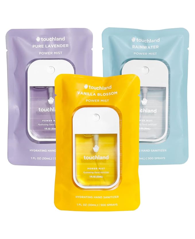 Touchland Hydrating Hand Sanitizer Spray, BLOSSOM Trio Set (Lavender, Vanilla, Rainwater), 1 FL. OZ. Travel Size Power Mist Sprays (Set of 3)