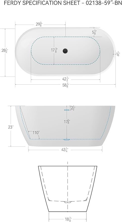 FerdY 59" Bali Elite Acrylic Freestanding Bathtub, Gracefully Shaped Freestanding Soaking Bathtub, cUPC Certified, Toe-Tap Black Drain and Minimalist Linear Design Overflow Included