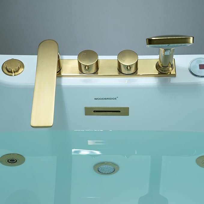 WOODBRIDGE 72" x 35-3/8" Whirlpool and Air Bath Heated Soaking Combination Tub with Adjustable Speed Air Blower and Display Control Panel, Brushed Gold Finish Trim and Drain Kit, BG400+F0045BG