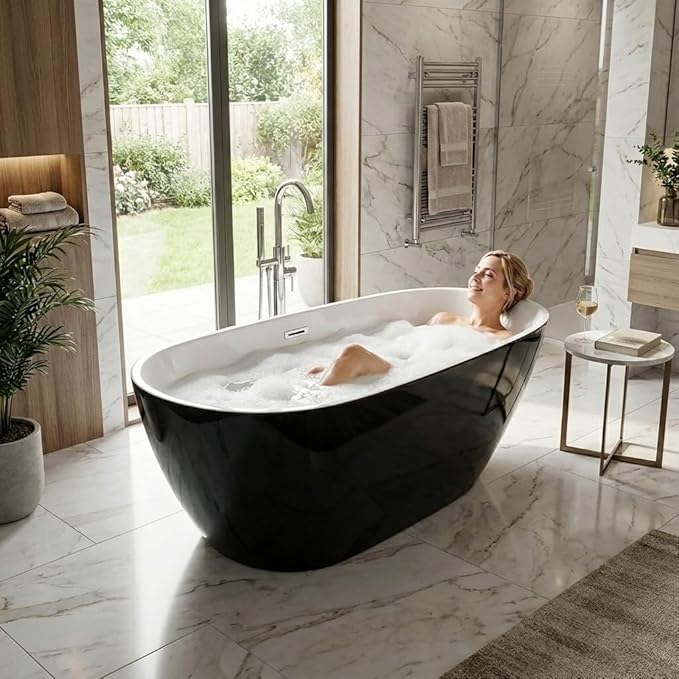 67 Inch Acrylic Freestanding Bathtub, Acrylic Soaking Bathtub with Matte Drain and Overflow, Modern Square Tub, cUPC Certified, Deep Ergonomic Design, Double-Walled Insulation, Easy Installation