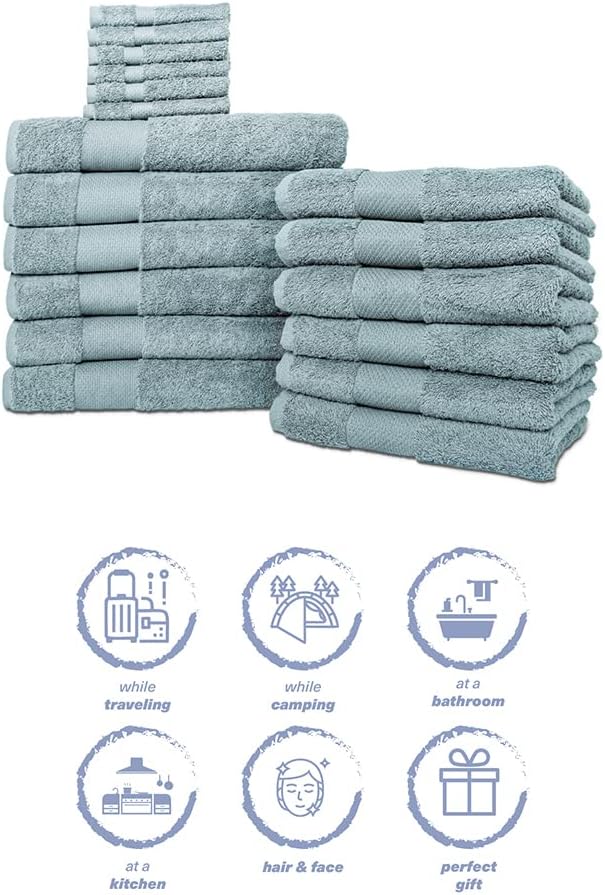 Hencely 18-Piece Bath Towel Set - High Absorbency, Quick Drying - 100% Soft Turkish Cotton - 6 Bath Towels, 6 Hand Towels, 6 Washcloths - Bathroom, Home, Hotel, Spa, and Gym - 18-Pack Water Green
