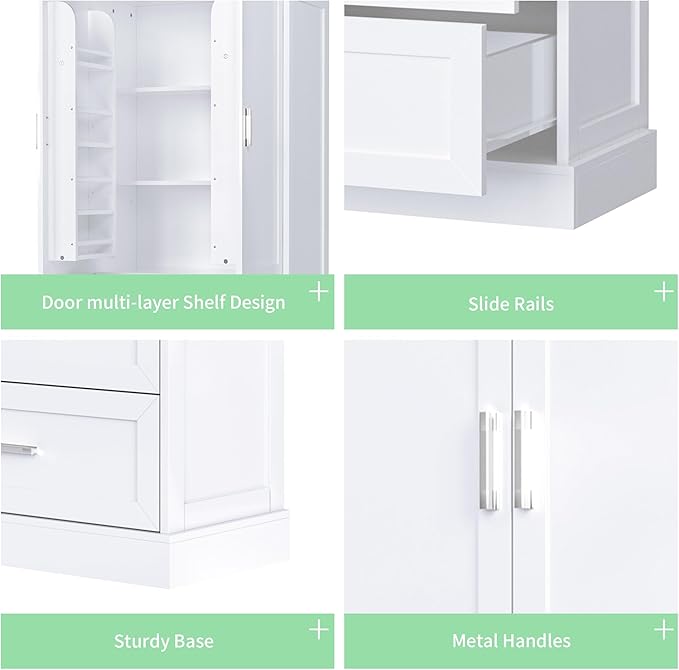 Merax 64" H Storage Cabinet with Drawers and Door Racks, Tall Freestanding Bookshelf Pantry Space Saver for Bathroom or Kitchen, Adjustable Shelf, White