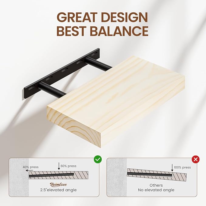 Heimlove Wood Floating Shelves for Wall,2 Packs 16 inches Natural Pine Solid Wood Floating Shelves, 8 inches Deep Wooden Shelves for Kitchen Bedroom Office & Living Room Wall Decor