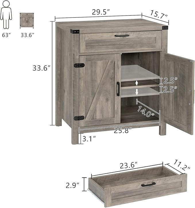 VINGLI Modern Farmhouse Sideboard Buffet Cabinet with Drawer, Storage Cabinet with Doors and Adjustable Shelves, Coffee Bar Station for Kitchen, Dining Room and Living Room, Ash Grey