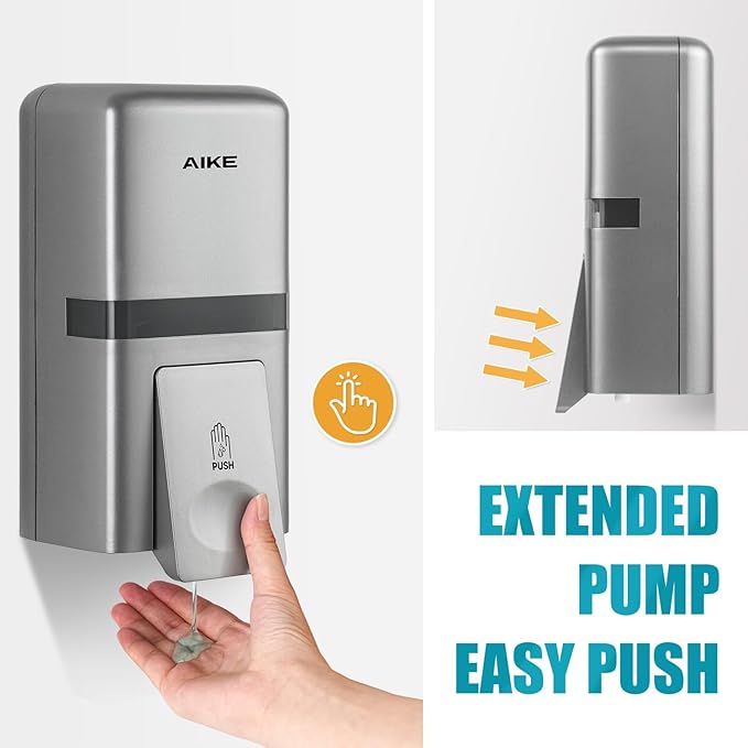 AIKE Wall Mount Liquid Soap Dispenser, 27oz Large Capacity with Extended Pump for Commercial Bathrooms,AK1008(Silver)