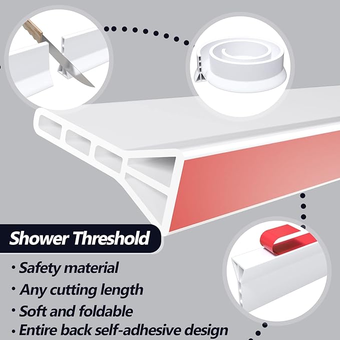 3" High Shower Threshold Water Dam 98 IN Collapsible Shower Water Splash Guard for Curbless Shower Threshold Barrier Water Stopper for Wet and Dry Separation Bathroom and Kitchen (White)