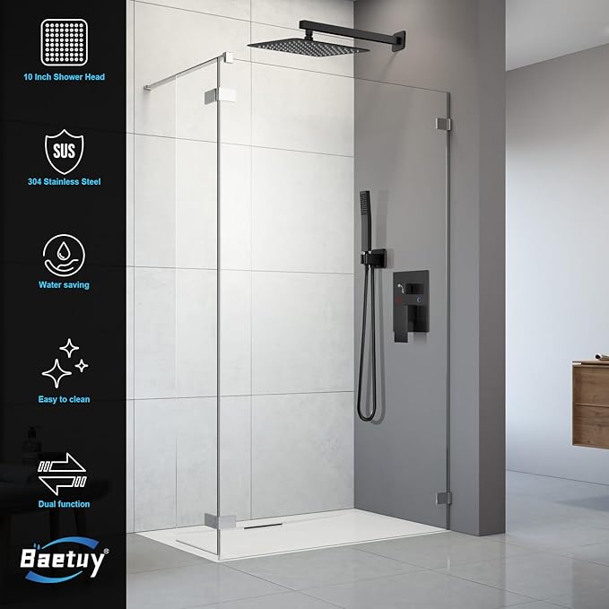 Black Shower Faucet Set, Rainfall Shower System with Square Shower Head and Handle Set, Wall Mounted Shower Fixtures, Shower Valve and Trim Kit 12 inch Matte Black