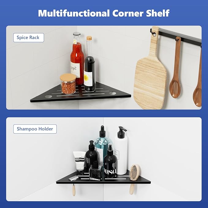 lives Corner Shower Shelf 10" Slot Design Recessed Shower Shelves for Tiled Wall, 304 Stainless Steel Corner Shelves for Bathroom Organizer (Black, Line-1PCS)