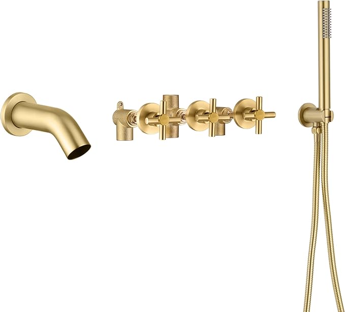 SUMERAIN Waterfall Wall Mount Tub Faucet with Hand Shower Sprayer, 3 Handle Tub Shower Faucet with Rough in Valve Brushed Gold Finish