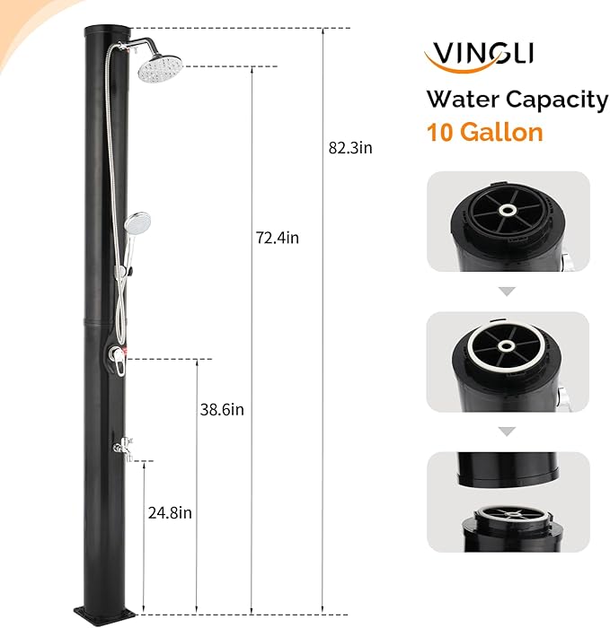 VINGLI Solar Heated Shower,2-Section with Shower Head and Foot Shower Tap，for Outdoor Backyard Poolside Beach Pool Spa,Black (10 Gallon-Black)
