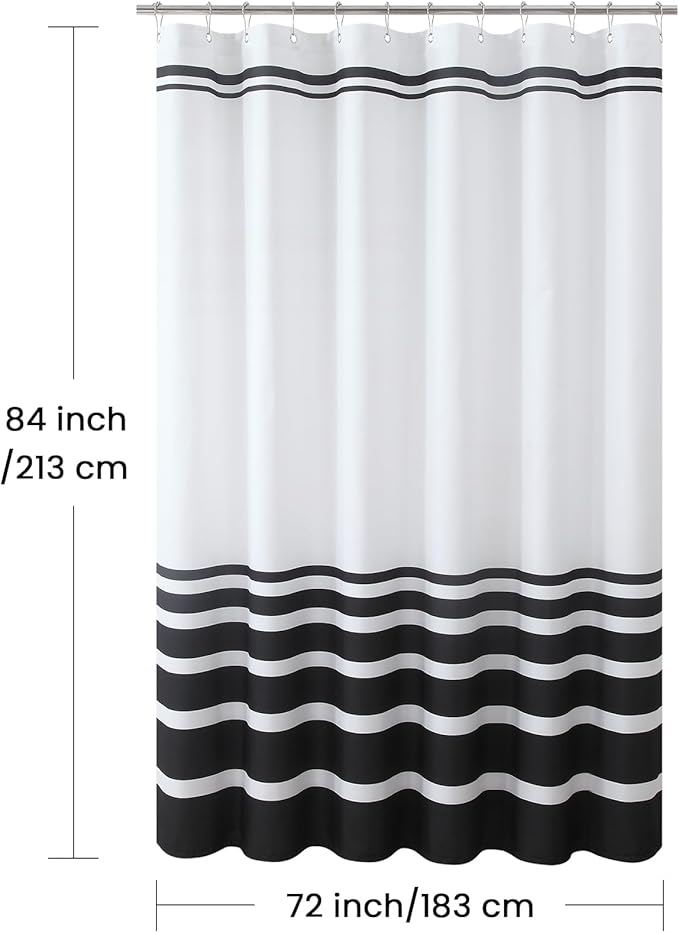 Extra Long White and Black Striped Shower Curtain 72x84 Inches, Waterproof Fabric with Modern Gradient Lines, 12 Rustproof Grommets & Weighted Hem