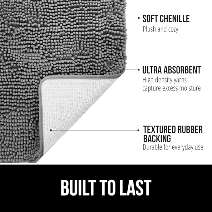 GORILLA GRIP Bath Rug Mat 36x24, Thick Soft Absorbent Chenille, Quick Dry Microfiber Mats, Rubber Backing Washable Shower Floor Rugs, Bathmat Runner, US Designed Bathroom Home Decor Accessories Grey