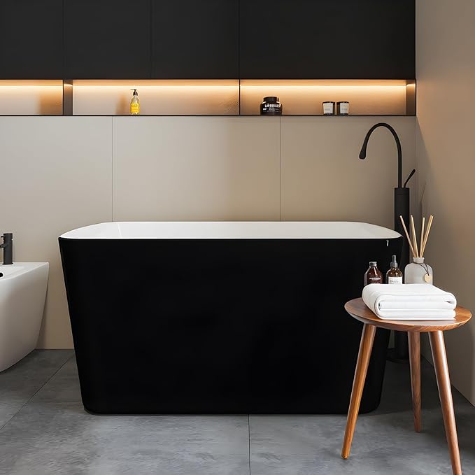 49‘’ GarveeHome Acrylic Freestanding Bathtub, Deep Soaking Stand Alone Tub, black exterior and white interior, Comfortable Small Space Tub with Chrome Overflow and Drain, Easy to Install