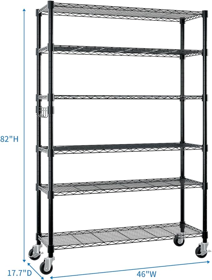 6 Tier Storage Racks Shelving, Heavy Steel Pantry Shelves, Adjustable Wire Shelving Rack with Wheels, Suitable for Garage, Kitchens, Bathroom, Offices, 46" W x 17.7" D x 82" H, Black