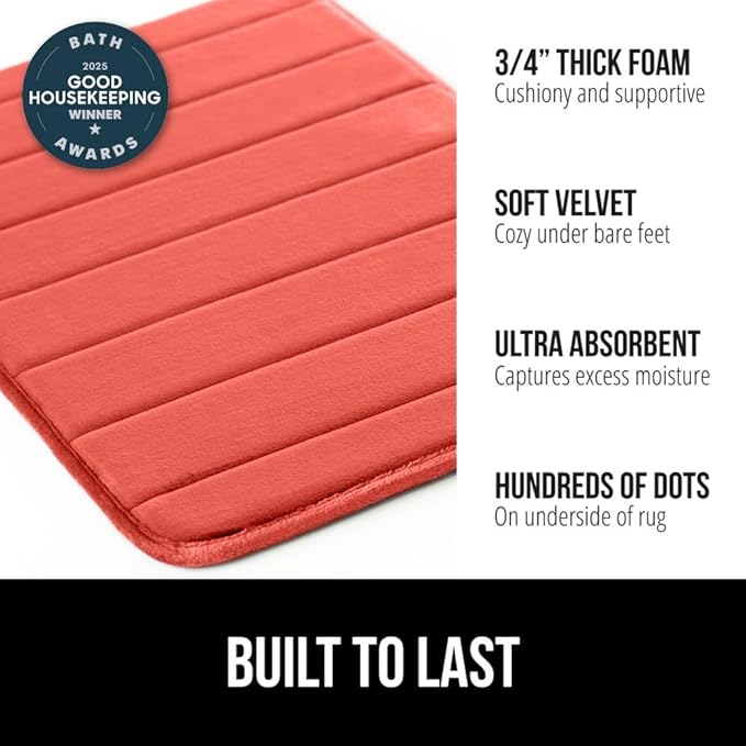 GORILLA GRIP Memory Foam Bath Mat, Soft Absorbent US Designed Bathroom Rug, Gripping Dots Machine Washable Bathmat, Cushioned Floor Mats, Shower Sink Rugs Room Décor Accessories, 30x20 Coral