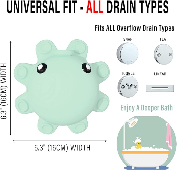 Bathtub Overflow Drain Cover Tub - Silicone Bathroom Overflow Drain Cover, Bath Tub Overflow Cover, Bathroom Spa Accessories, Adds Inches of Water for Deeper&Warmer Bath，Aqua Green
