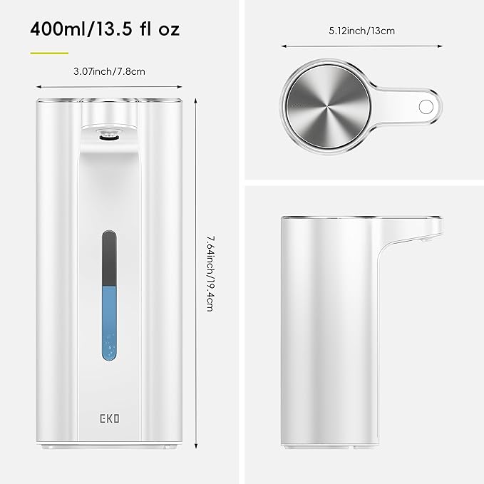 EKO Aroma Pro 13.5 fl oz Touchless Automatic Liquid Soap Dispenser, Rechargeable Electric Hand & Dish Soap Dispenser for Bathroom and Kitchen, IPX7 Waterproof, Adjustable Volume Control (White)