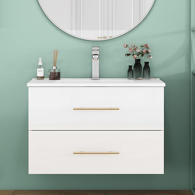 32" Wall Mounted Bathroom Vanity with Sink, High Gloss White Floating Cabinet, Modern Gold Handles, 2 Soft Close Drawers, Integrated Ceramic Top for Powder Room
