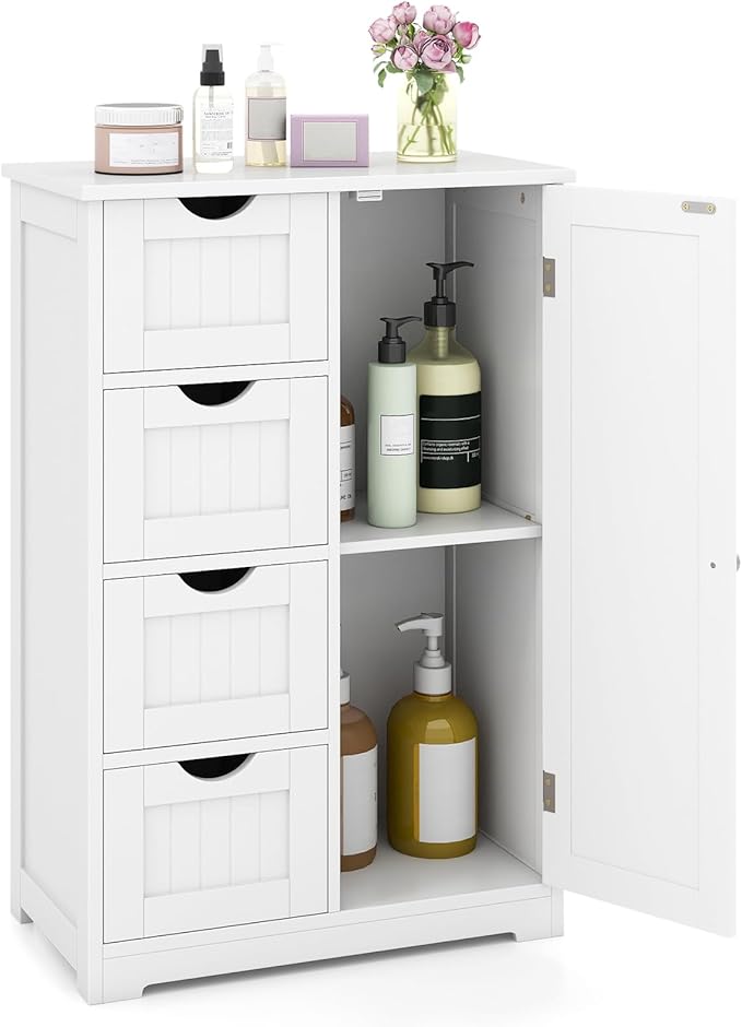 Tangkula Bathroom Floor Cabinet, Freestanding Storage Cabinet with 4 Drawers & Single Door, Adjustable Shelf, Multipurpose Bathroom Storage for Home Office, 21.5 x 12 x 32.5 Inches (White)