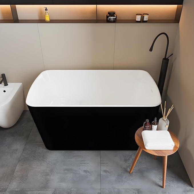 49" Acrylic Freestanding Bathtub - Japanese Square Soaking Tub with Built-in Seat, Toe-Tap Drain & Overflow, Black,Compact Space-Saving Bath for Bathrooms