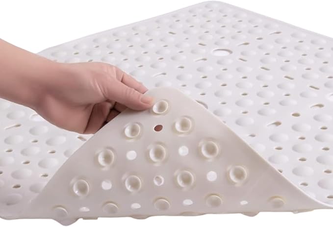 ENKOSI Square Shower Mat 27x27 inch - Anti Slip Bathroom Shower Stall Mats for Smooth Shower Floors - Square Bath Mat with Strong Secure Suction Cups and Drain Holes in Middle (Pearl White 27x27)