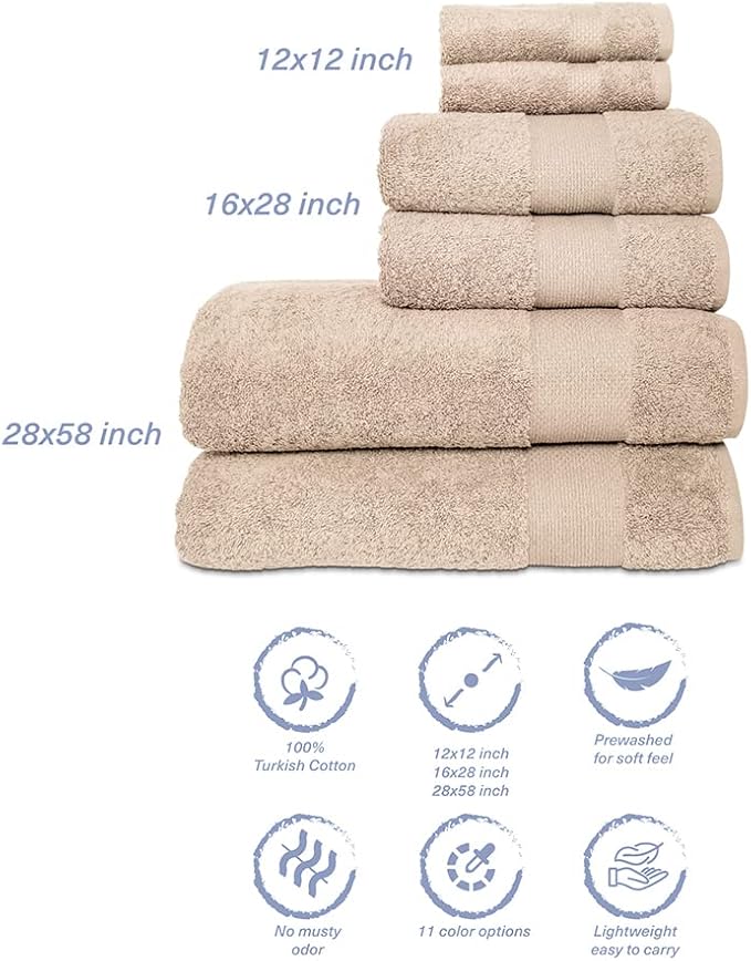 Hencely 6-Piece Bath Towel Set - High Absorbency, Quick Drying - 100% Soft Turkish Cotton - 2 Bath Towels, 2 Hand Towels, 2 Washcloths - for Bathroom, Home, Hotel, Spa, and Gym - 6-Pack Beige
