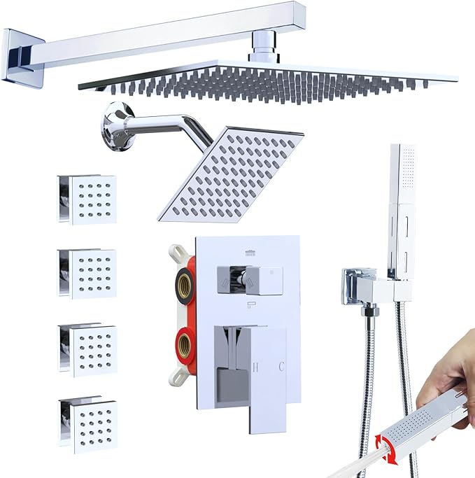 Enga Shower Faucet Set, Dual Shower Head System with Body Jets, 10" & 6" Rain Showerheads with 4 Jets, 2 in 1 Handheld Spray, 4 Way Shower Diverter, Chrome