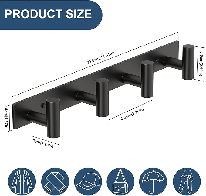 HUFEEOH 2 Pack Coat Rack Wall Mount, Stainless Steel T Shaped 4 Hooks Coat Hooks for Bathroom, Heavy Duty Wall Hooks Towel Hooks for Hanging, Black Towel Rack Purse Hanger for Mudroom Entryway