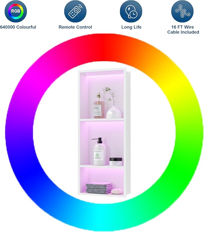 3-Tiers 12x30 Inch Wall Niche with RGB LED Light Strips, White Shower Niche Cabinet, Stainless Steel Bathroom Shelf, NO Tile Needed Recessed Storage Organizer Waterproof