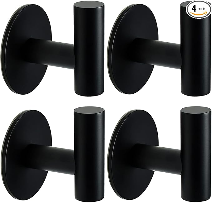 Self Adhesive Towel Hook Matte Black Coat Hook Brushed Nickel SUS304 Stainless Steel Heavy Duty Waterproof Towel Robe Clothes Hook Holder for Bathroom Kitchen Office Hotel Pool Wall Mounted Hook-4Pack