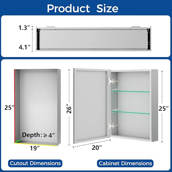 Bathroom Medicine Cabinet with Mirror, 20x26 Recessed or Wall Mirror Medicine Cabinet with Storage Adjustable Glass Shelves, Beveled Edge Mirrored Door with Aluminum Cabinet Hinges