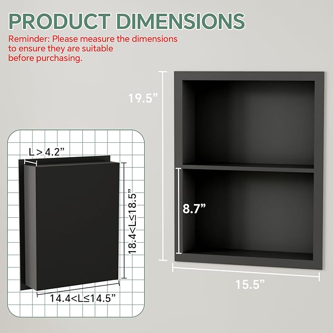 Stainless Steel Recessed Medicine Cabinet 14''*18'', Rust-Proof Metal Wall Niche, in Wall Shower Niche Shelf Insert Replacement, Recessed Medicine Cabinets for Drywall, Bathroom Storage, Black