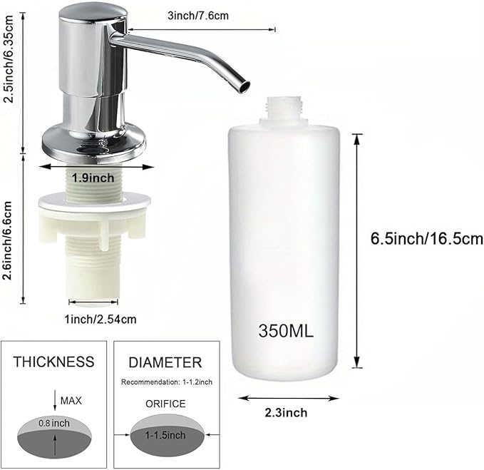Soap Dispenser for Kitchen Sink,Stainless Steel Built in Soap Dispenser Countertop Pump Head,Dish Soap Hand Lotion Dispenser with Refillable 13.5OZ Bottle