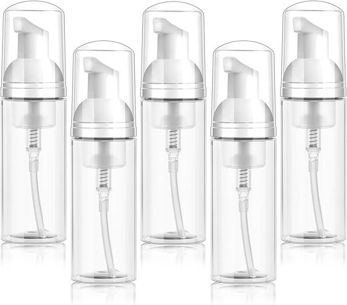 5 Pack 2 oz Travel Foam Pump Bottle, 60 ml Foam Dispenser, Clear PET Foaming Pump Bottle for Hand Soap, Shampoo, Hair Mousse, Self-Tanner, Facial Cleansers (5, Transparent)