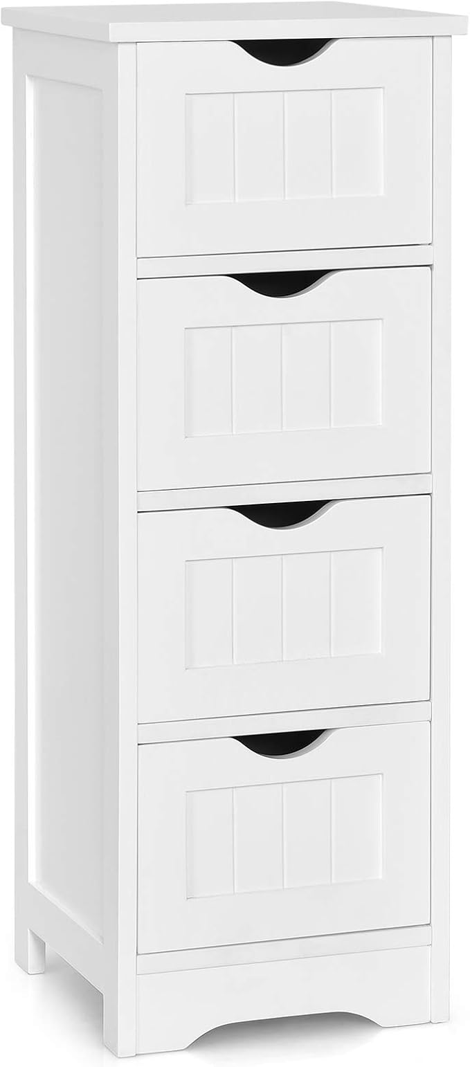 Tangkula Floor Cabinet Wooden Storage Cabinet Home Office Living Room Bathroom Side Table Sturdy Modern 4 Drawers Cabinet Organizer Bedroom Night Stand, White (12 x 12 x 32)