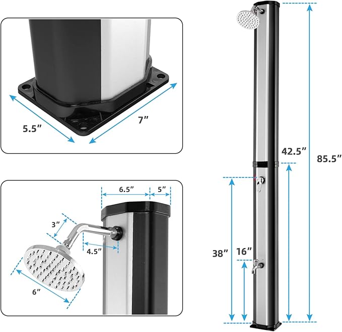 Giantex 7.2 FT 10 Gallon 2-Section Solar-Heated Outdoor Shower, Pool Shower W/Free-Rotating Shower Head, Foot Tap Spigot, Faucet, Temperature and Pressure Adjustment for Backyard, Garden, Beach Spa