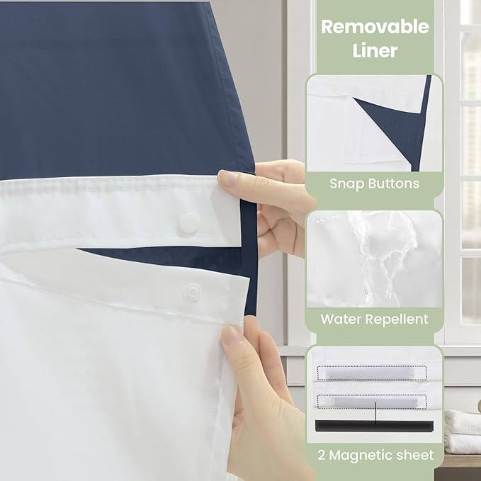 Inhousolu No Hook Shower Curtain with Snap in Fabric Liner Set Waffle Weave 230GSM Weighted Hem, Waterproof & Washable Bathroom Curtain Spa Luxury with Mesh Top Window 72" W x 72" L Navy Blue