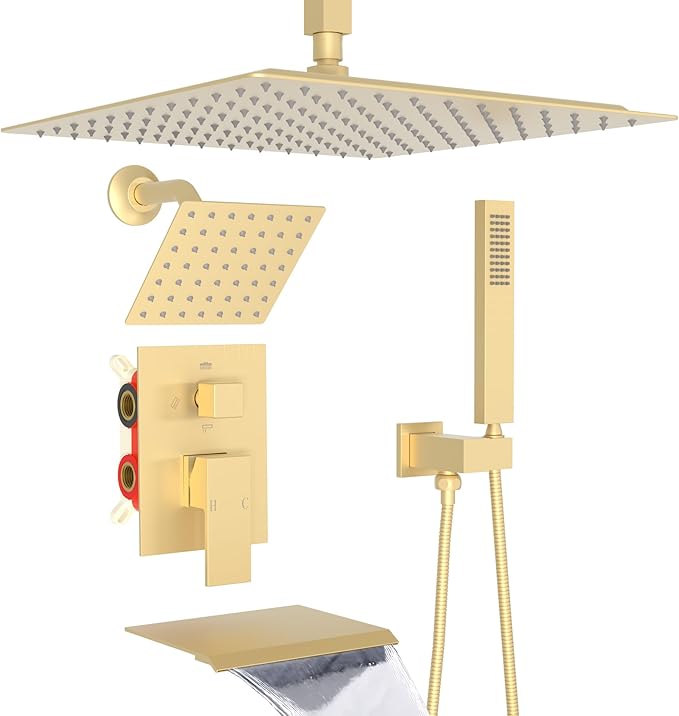 ENGA Dual Shower Head System with Tub Spout, Ceiling Mount 12 Inch Shower Head with 6 Inch Wall Mount Shower Head Shower Faucet Set, Brushed Gold