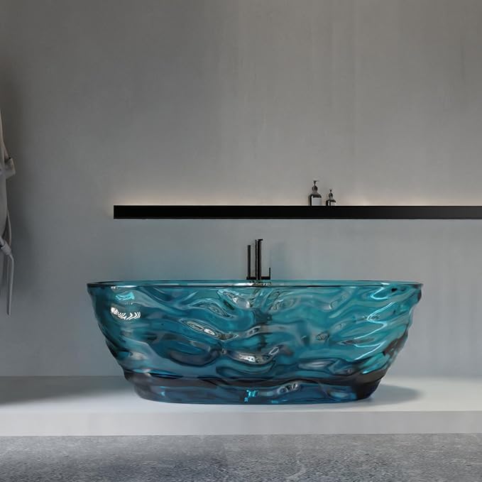 Cpingao 66" Resin Transparent Freestanding Bathtub, Contemporary Oval Stand Alone Tubs, Translucent Resin Freestanding Bath 1670 MM with Drain Lake Blue 8851-1700-BLUE