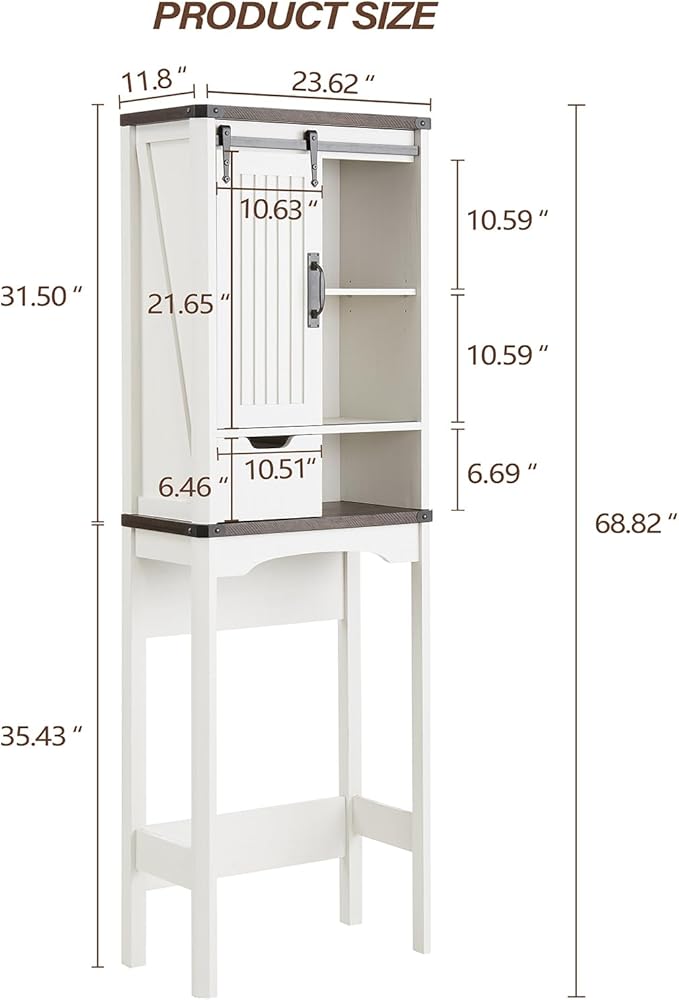 Over The Toilet Storage Cabinet, Farmhouse Storage Cabinet with Adjustable Shelves and Sliding Barn Door, Free Standing Over Toilet Bathroom Organizer (Antique White)