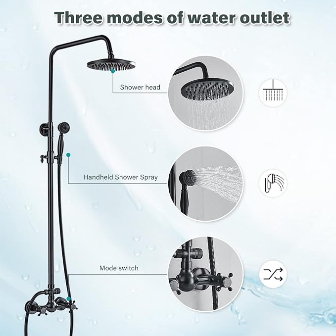 NeierThodore Luxury ORB Bathroom Shower Faucet Dual Handles Wall-Mounted Shower Mixer Taps 8" Rainfall Shower Head Ceramic Handheld Sprayer Oil Rubbed Bronze