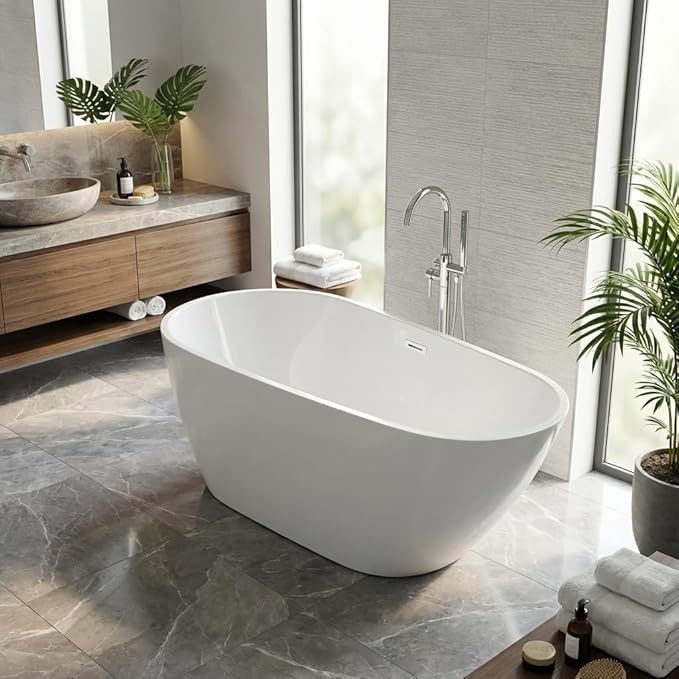 67" Deep Soaking Bathtub, Non-Slip Acrylic Tub with Chrome Drain, CUPC Certified, Ergonomic Modern Bath for Bathrooms, Easy-Install, White Pearl